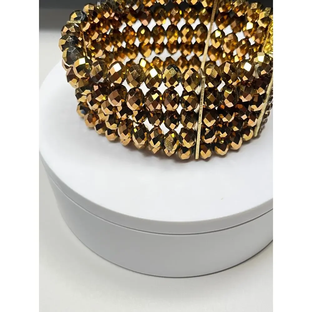 Vintage  Amber Facet Multi-Strand Beaded Stretch Bracelet- Rhinestone Bracelet - Picture 5 of 8
